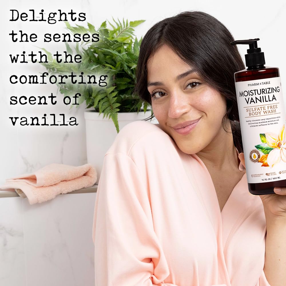 PHARM TO TABLE Moisturizing Vanilla Body Wash for Women and Men - Moisturizes and Softens the Skin, Sulfate Free, 100% Cruelty Free, 480ml